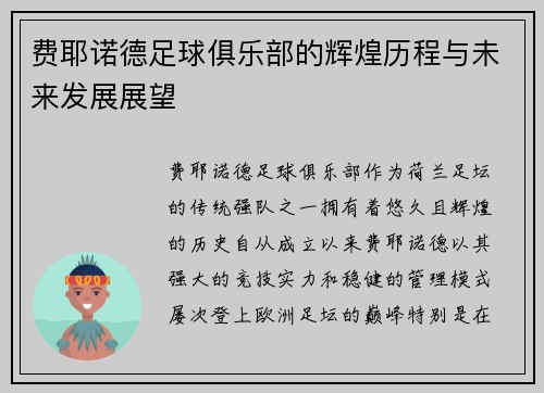 费耶诺德足球俱乐部的辉煌历程与未来发展展望
