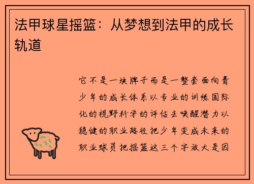 法甲球星摇篮：从梦想到法甲的成长轨道
