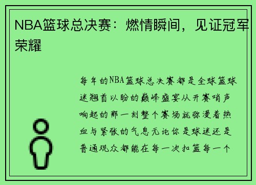 NBA篮球总决赛：燃情瞬间，见证冠军荣耀