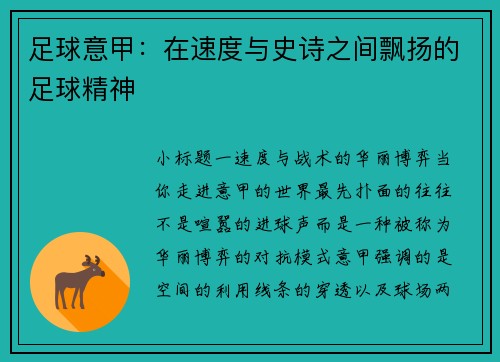 足球意甲：在速度与史诗之间飘扬的足球精神