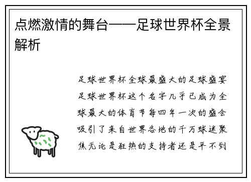 点燃激情的舞台——足球世界杯全景解析