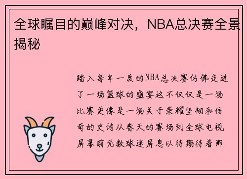 全球瞩目的巅峰对决，NBA总决赛全景揭秘